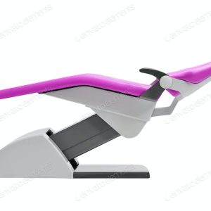 Modern dental chair with purple cushioning on a white background.