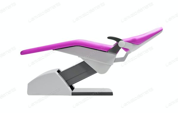 Modern dental chair with purple cushioning on a white background.